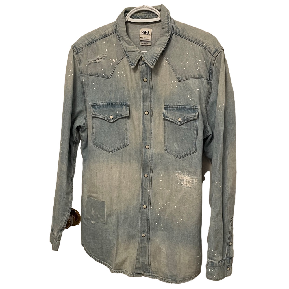 Zara Distressed Light Blue Denim Shirt with Paint Splatter Size XL